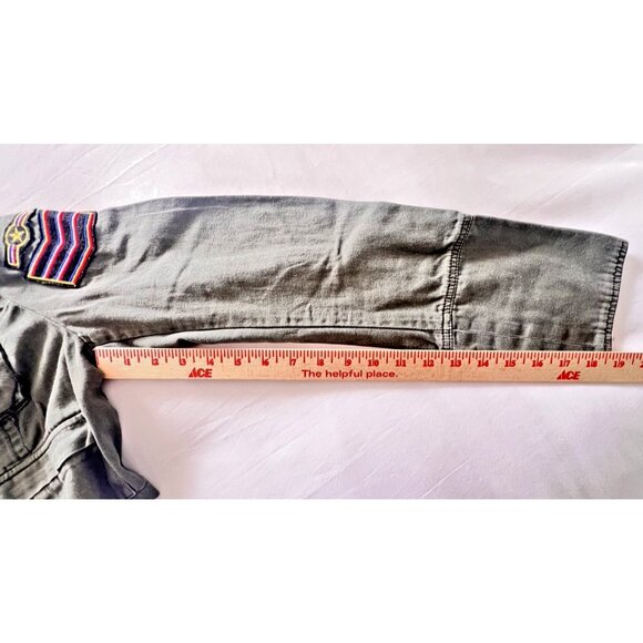 Military Jacket Sz Large Crop Army Green Utility 100% Cotton Zip Pockets Patches - Picture 7 of 15